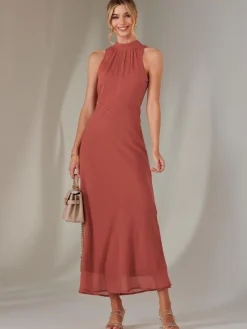 Jolie Moi Occasion Dresses|Sleeveless Dresses-Halter Neck Open Back Chiffon Maxi Dress, Dark Coral