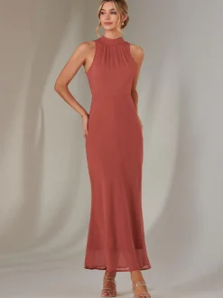 Jolie Moi Occasion Dresses|Sleeveless Dresses-Halter Neck Open Back Chiffon Maxi Dress, Dark Coral