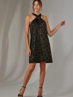 Jolie Moi Occasion Dresses|Sleeveless Dresses-Halter Neck Tie Mini Dress, Black