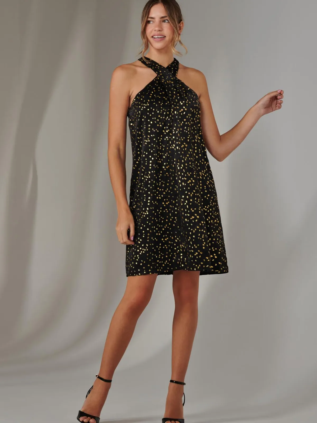 Jolie Moi Occasion Dresses|Sleeveless Dresses-Halter Neck Tie Mini Dress, Black