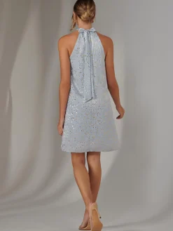 Jolie Moi Occasion Dresses|Party Dresses-Halter Neck Tie Mini Dress, Light Blue