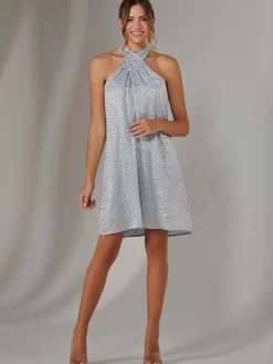 Jolie Moi Occasion Dresses|Party Dresses-Halter Neck Tie Mini Dress, Light Blue
