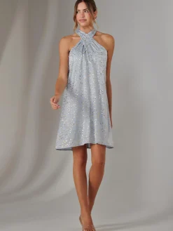 Jolie Moi Occasion Dresses|Party Dresses-Halter Neck Tie Mini Dress, Light Blue