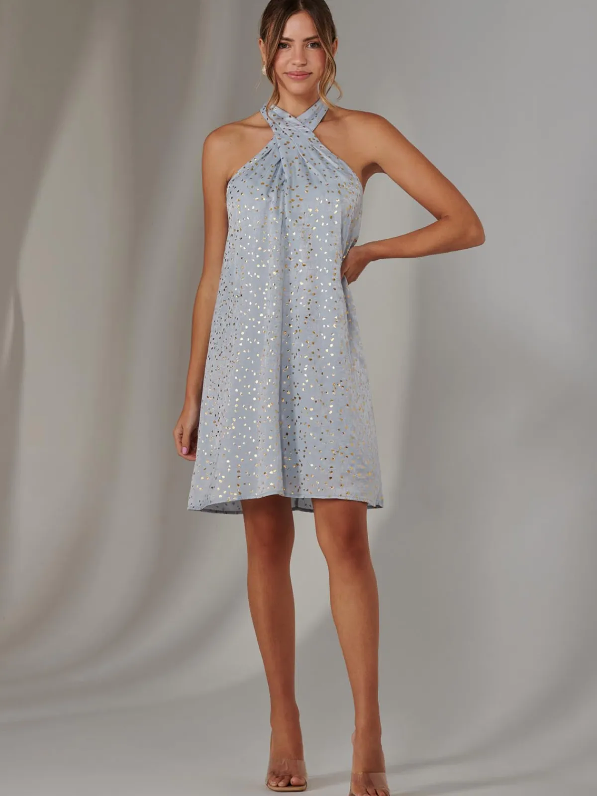 Jolie Moi Occasion Dresses|Party Dresses-Halter Neck Tie Mini Dress, Light Blue