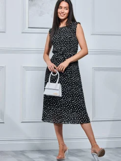 Jolie Moi Occasion Dresses|Office Wear-Haniya Spot Print Pleated Chiffon Dress, Black