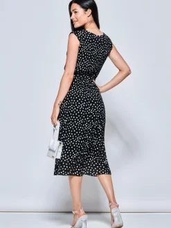 Jolie Moi Occasion Dresses|Office Wear-Haniya Spot Print Pleated Chiffon Dress, Black