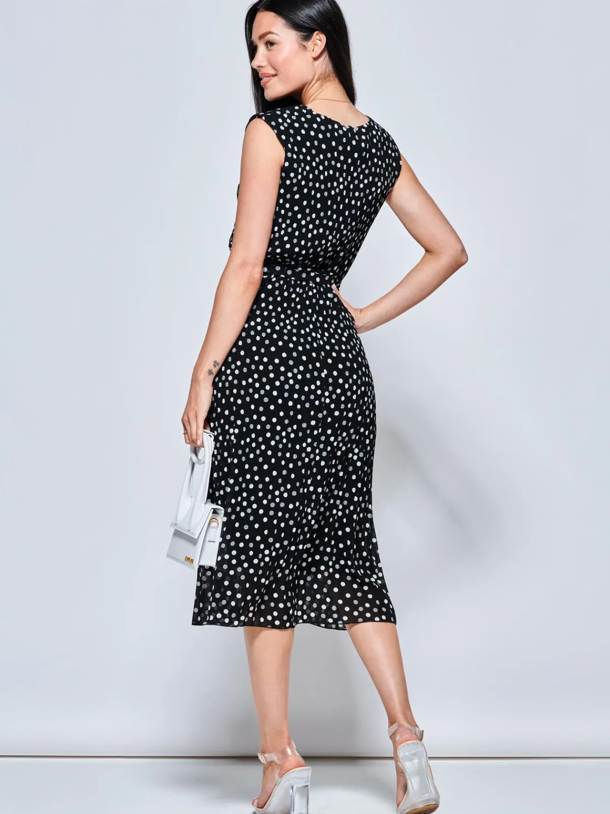 Jolie Moi Occasion Dresses|Office Wear-Haniya Spot Print Pleated Chiffon Dress, Black