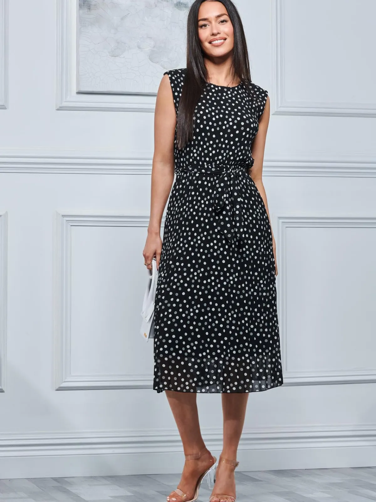 Jolie Moi Occasion Dresses|Office Wear-Haniya Spot Print Pleated Chiffon Dress, Black