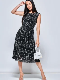 Jolie Moi Occasion Dresses|Office Wear-Haniya Spot Print Pleated Chiffon Dress, Black