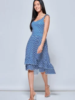Jolie Moi Vintage Dresses-Harleen Sleeveless Tiered Midi Dress, Blue Geo