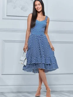 Jolie Moi Vintage Dresses-Harleen Sleeveless Tiered Midi Dress, Blue Geo