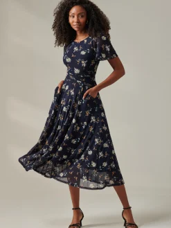 Jolie Moi Occasion Dresses|Floral Dresses-Harlie Floral Mesh Maxi Dress, Navy Floral