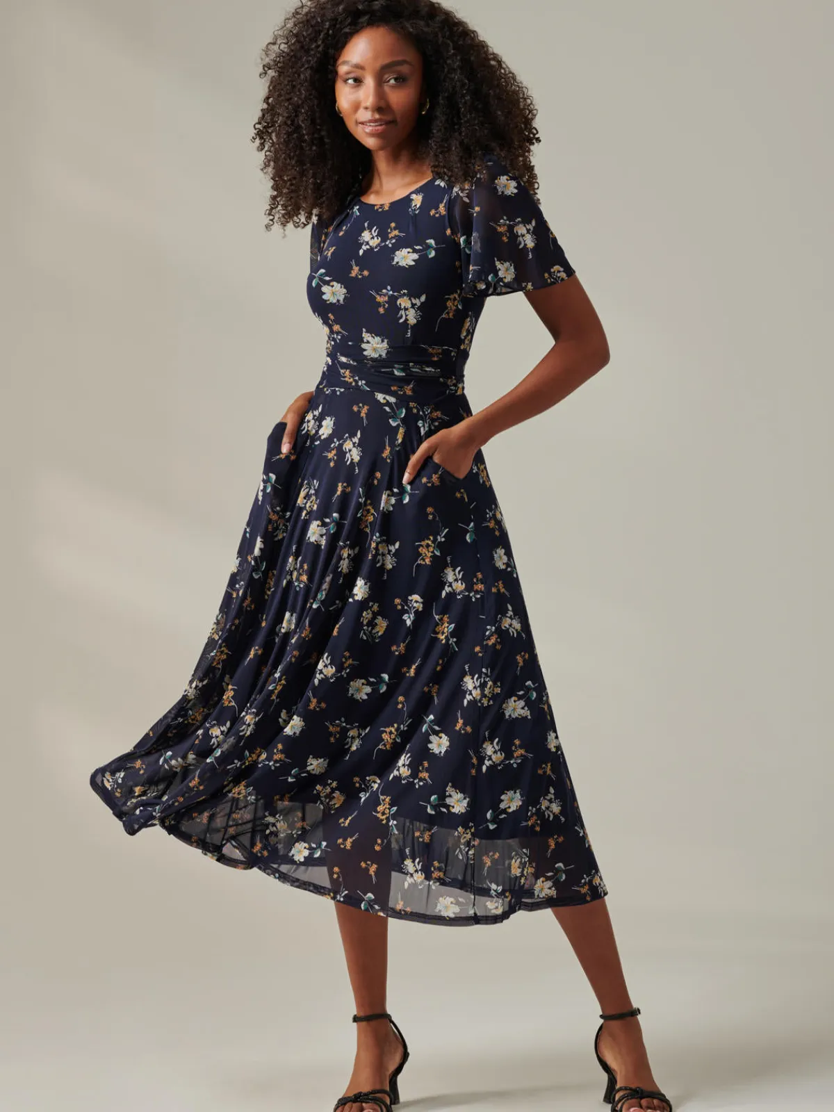 Jolie Moi Occasion Dresses|Floral Dresses-Harlie Floral Mesh Maxi Dress, Navy Floral