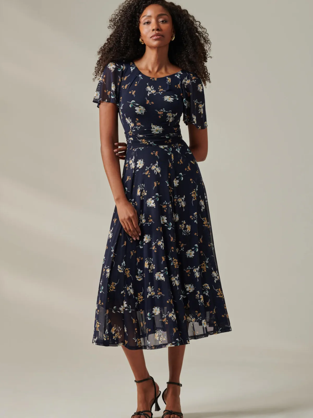 Jolie Moi Occasion Dresses|Floral Dresses-Harlie Floral Mesh Maxi Dress, Navy Floral