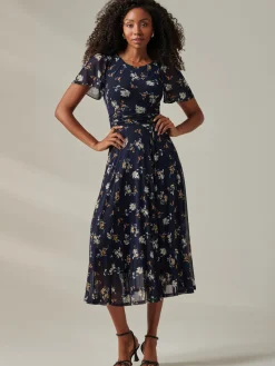 Jolie Moi Occasion Dresses|Floral Dresses-Harlie Floral Mesh Maxi Dress, Navy Floral