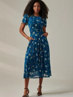 Jolie Moi Occasion Dresses|Weekend Casuals-Harlie Floral Mesh Maxi Dress, Teal Floral
