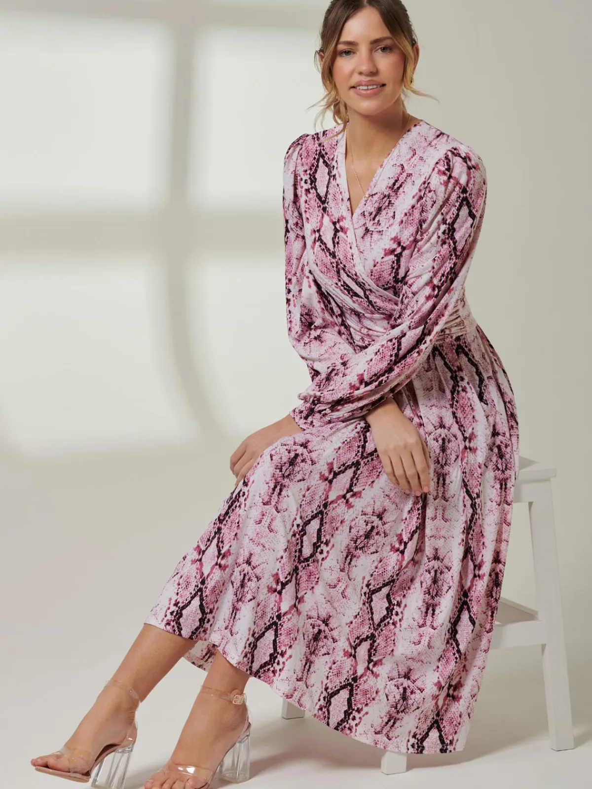 Jolie Moi Occasion Dresses|Wrap Dresses-Harper Long Sleeve Jersey Dress, Pink Multi