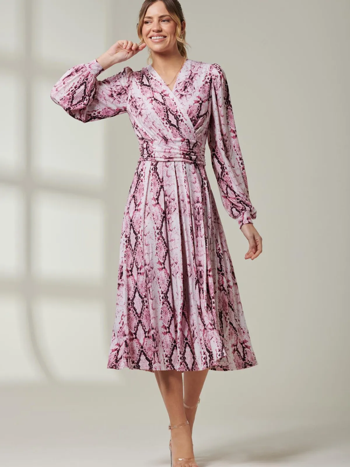 Jolie Moi Occasion Dresses|Wrap Dresses-Harper Long Sleeve Jersey Dress, Pink Multi
