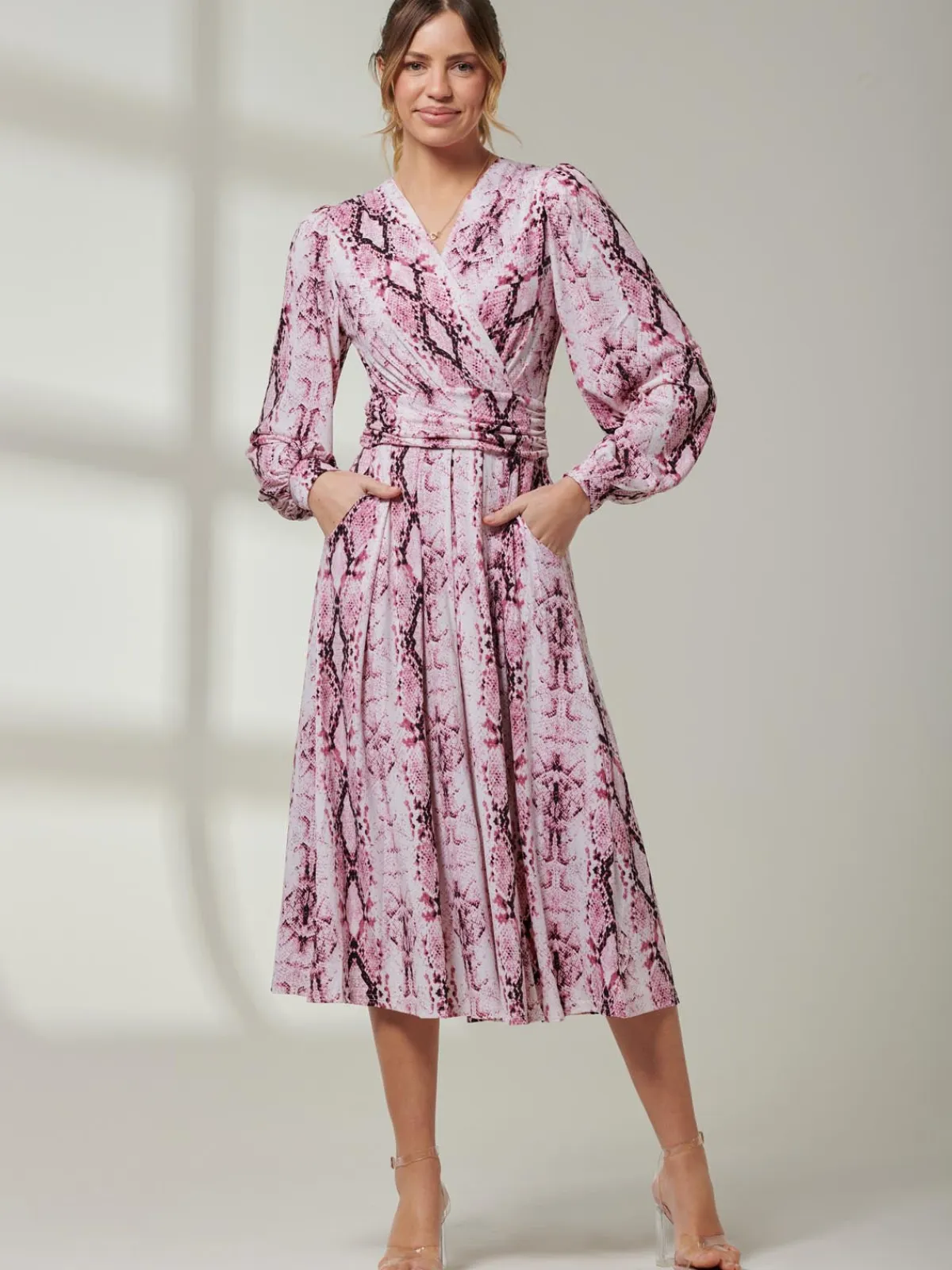 Jolie Moi Occasion Dresses|Wrap Dresses-Harper Long Sleeve Jersey Dress, Pink Multi