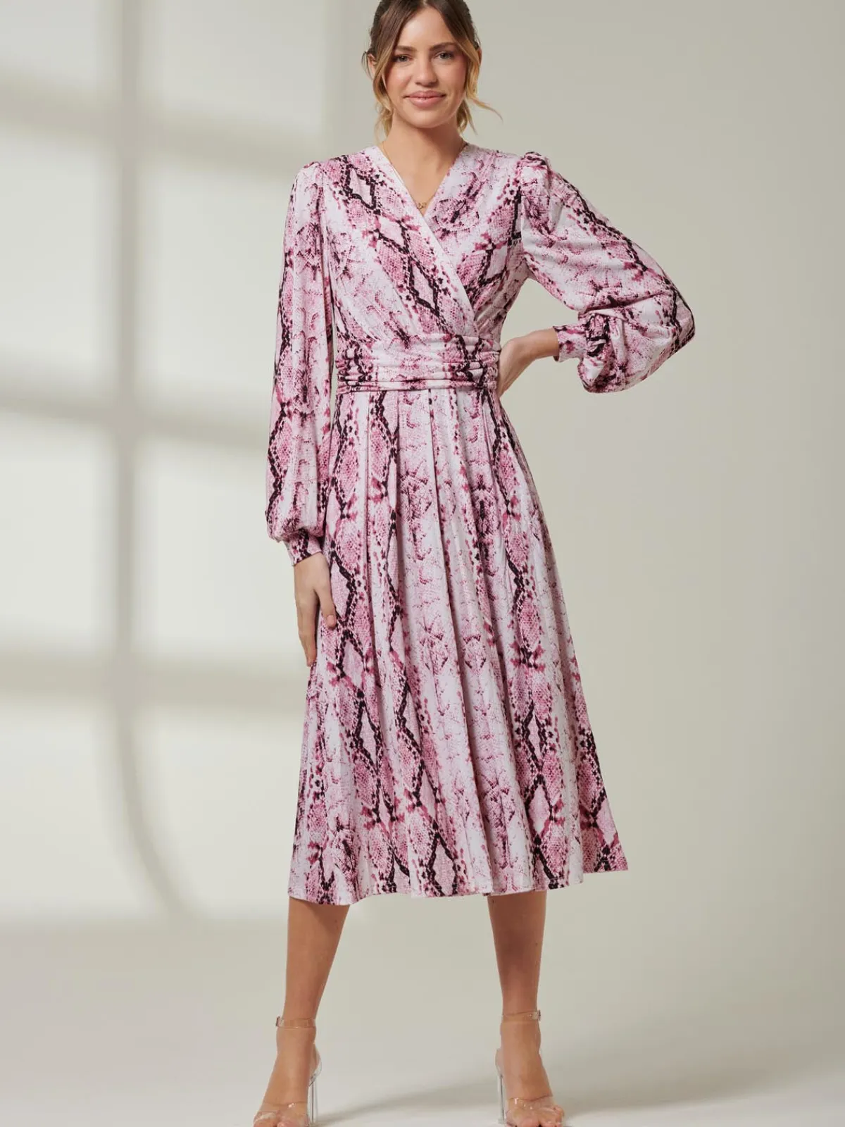 Jolie Moi Occasion Dresses|Wrap Dresses-Harper Long Sleeve Jersey Dress, Pink Multi