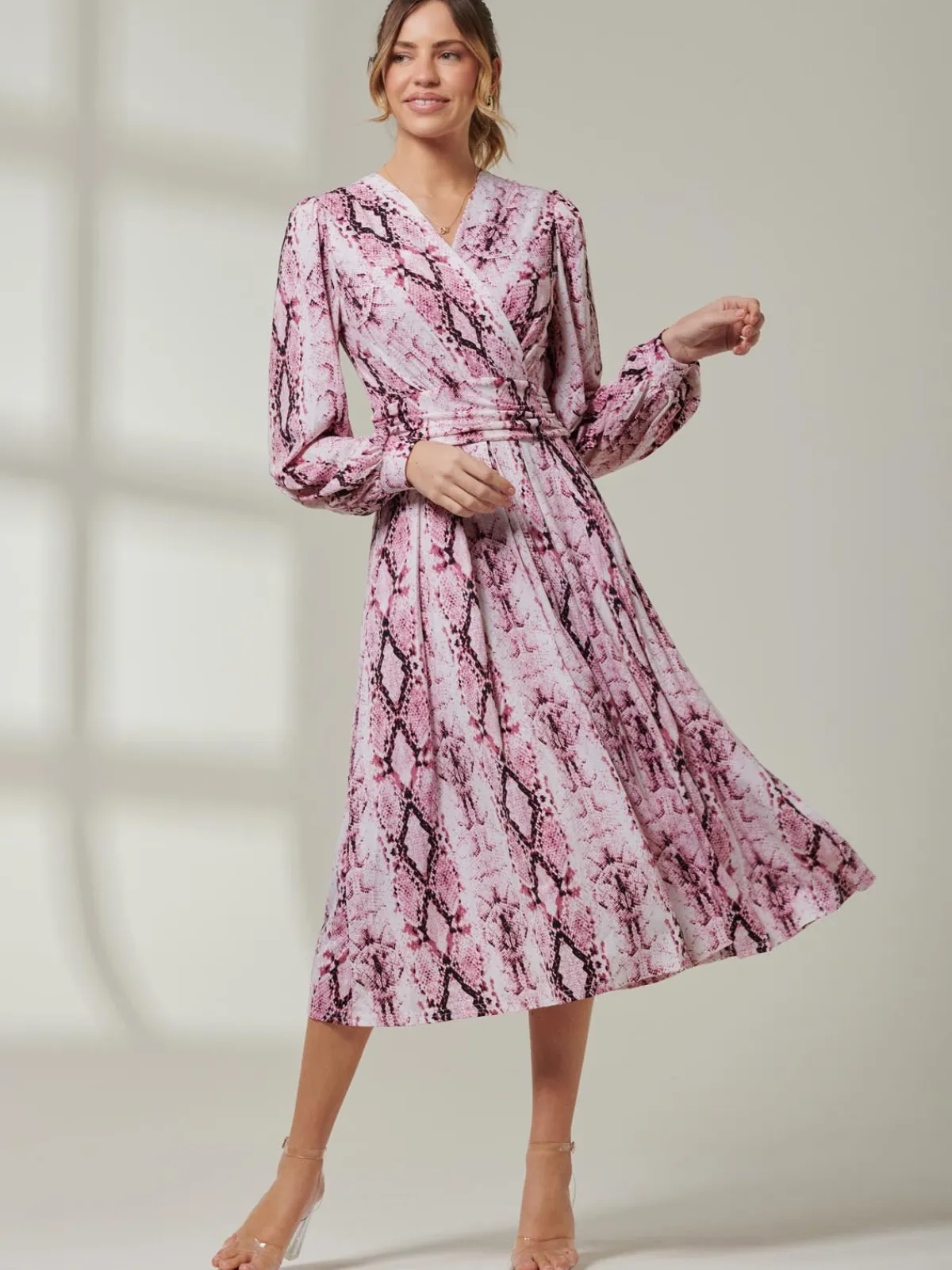 Jolie Moi Occasion Dresses|Wrap Dresses-Harper Long Sleeve Jersey Dress, Pink Multi
