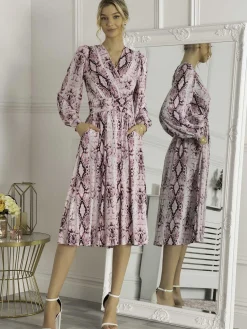 Jolie Moi Occasion Dresses|Wrap Dresses-Harper Long Sleeve Jersey Dress, Pink Multi