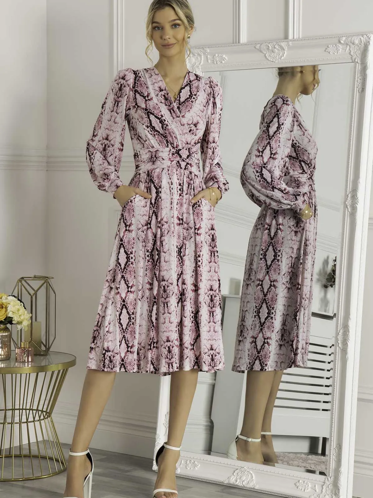 Jolie Moi Occasion Dresses|Wrap Dresses-Harper Long Sleeve Jersey Dress, Pink Multi