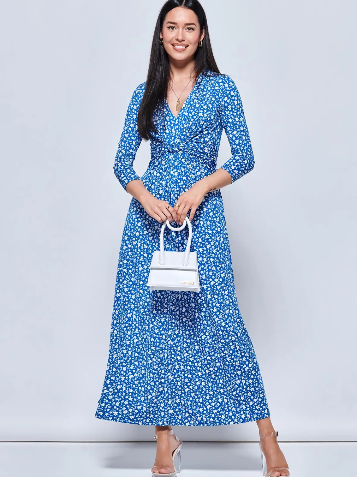 Jolie Moi Occasion Dresses|Jersey Dresses-Hayat Twist Front Jersey Maxi Dress, Blue Floral