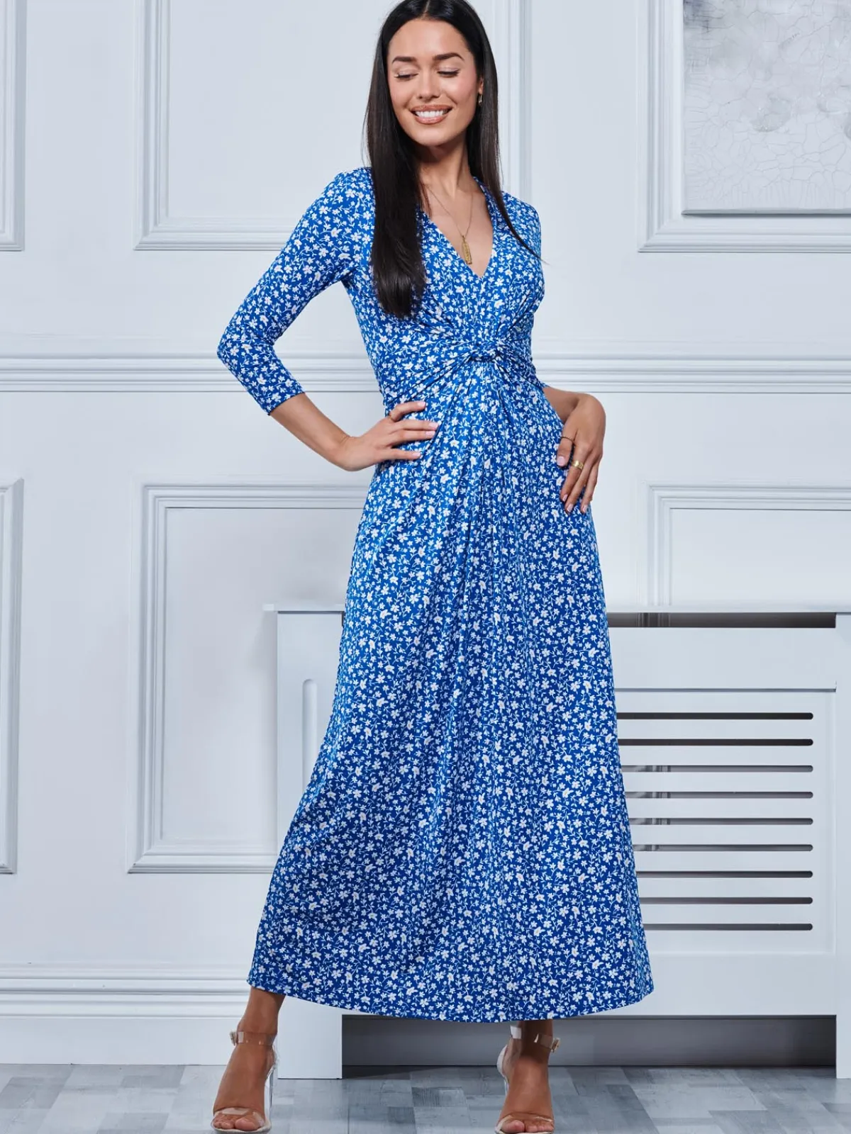 Jolie Moi Occasion Dresses|Jersey Dresses-Hayat Twist Front Jersey Maxi Dress, Blue Floral