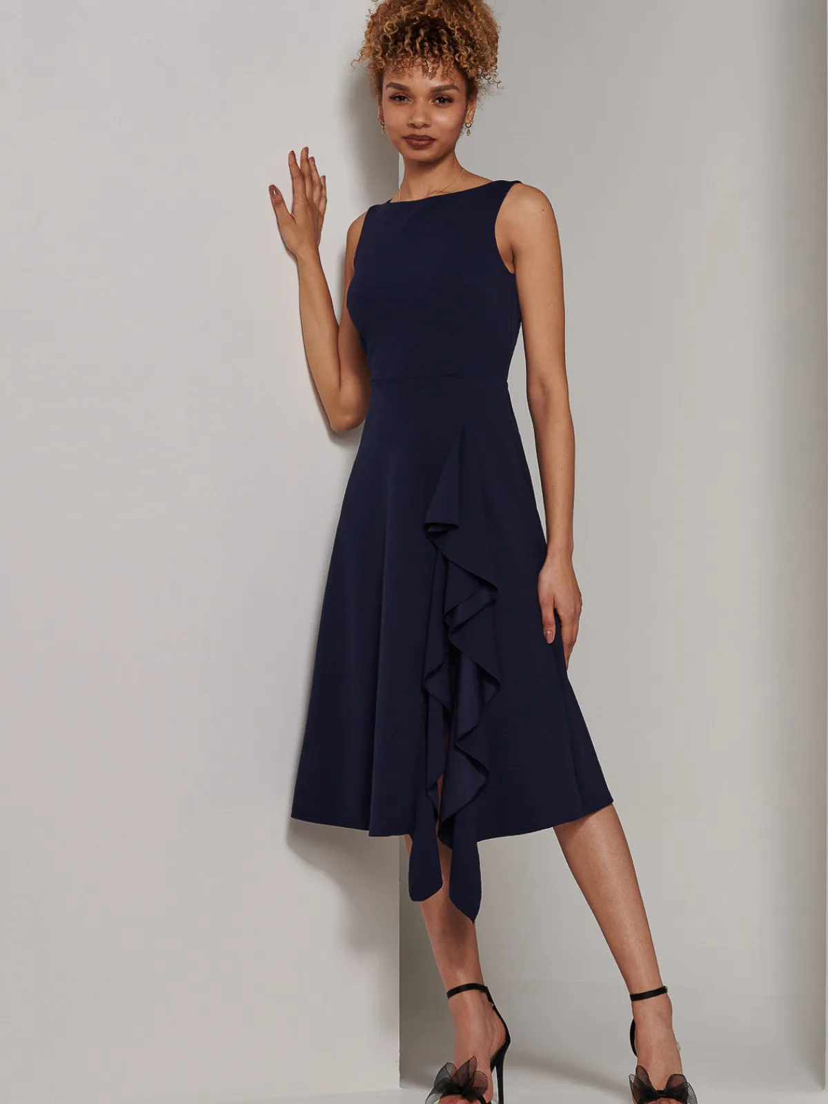 Jolie Moi Occasion Dresses|Sleeveless Dresses-Haylen Frill Detail Midi Dress, Navy