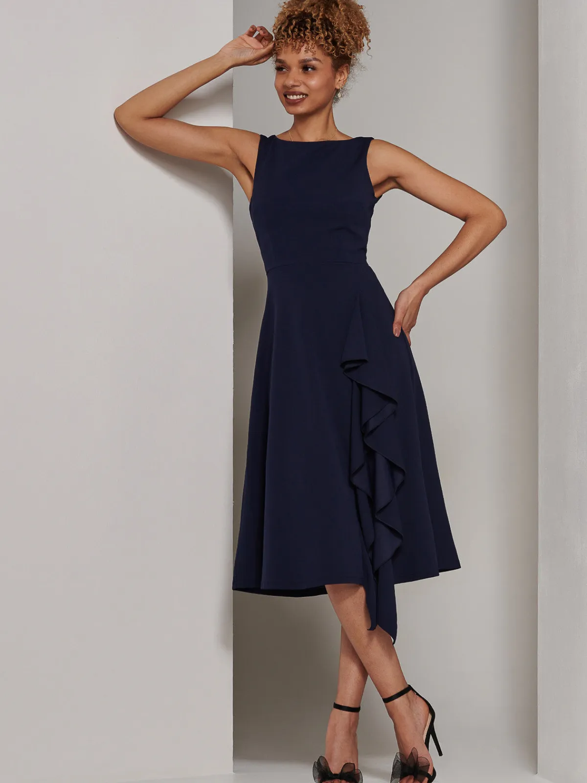 Jolie Moi Occasion Dresses|Sleeveless Dresses-Haylen Frill Detail Midi Dress, Navy