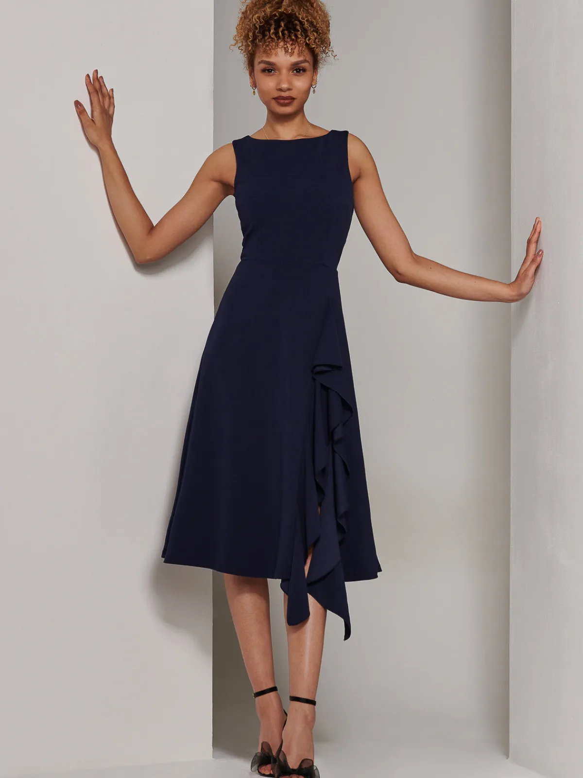 Jolie Moi Occasion Dresses|Sleeveless Dresses-Haylen Frill Detail Midi Dress, Navy