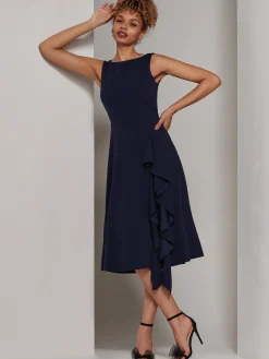 Jolie Moi Occasion Dresses|Sleeveless Dresses-Haylen Frill Detail Midi Dress, Navy