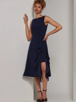 Jolie Moi Occasion Dresses|Sleeveless Dresses-Haylen Frill Detail Midi Dress, Navy
