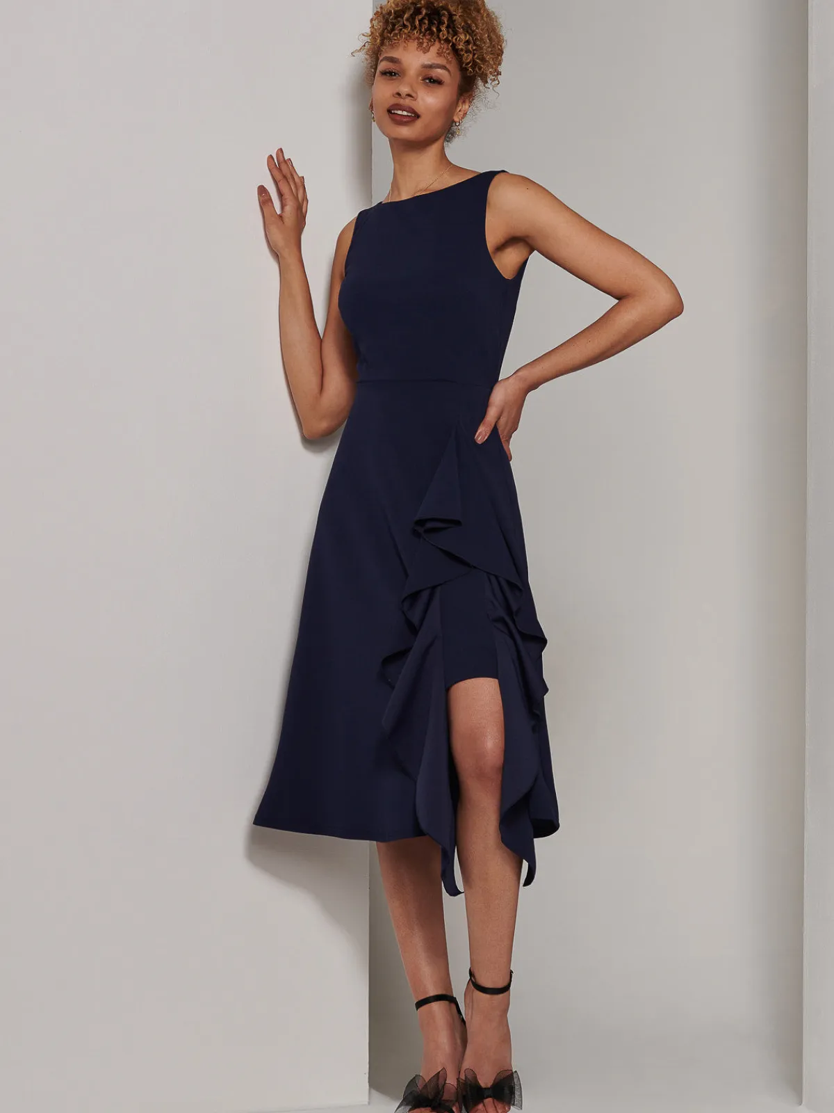 Jolie Moi Occasion Dresses|Sleeveless Dresses-Haylen Frill Detail Midi Dress, Navy