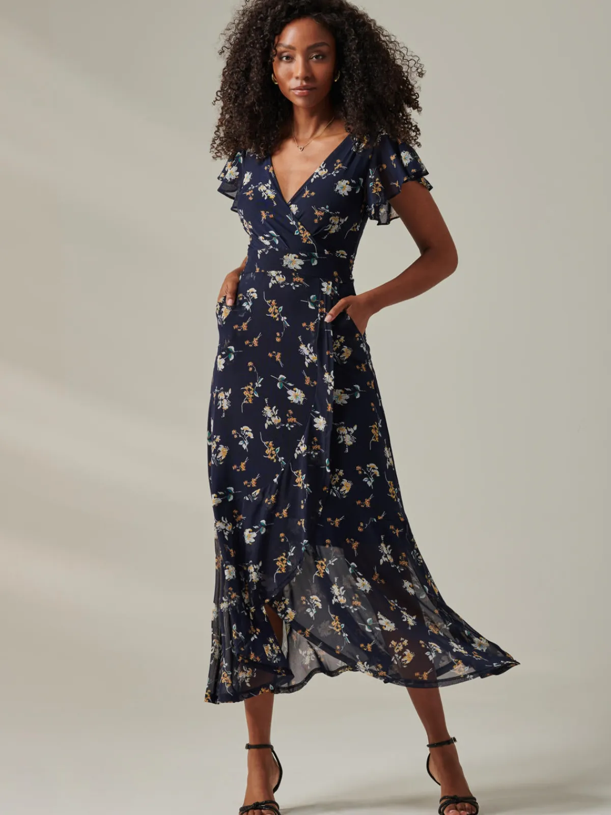 Jolie Moi Occasion Dresses|Wrap Dresses-Heleyna Ruffle Hem Mesh Maxi Dress, Navy Floral