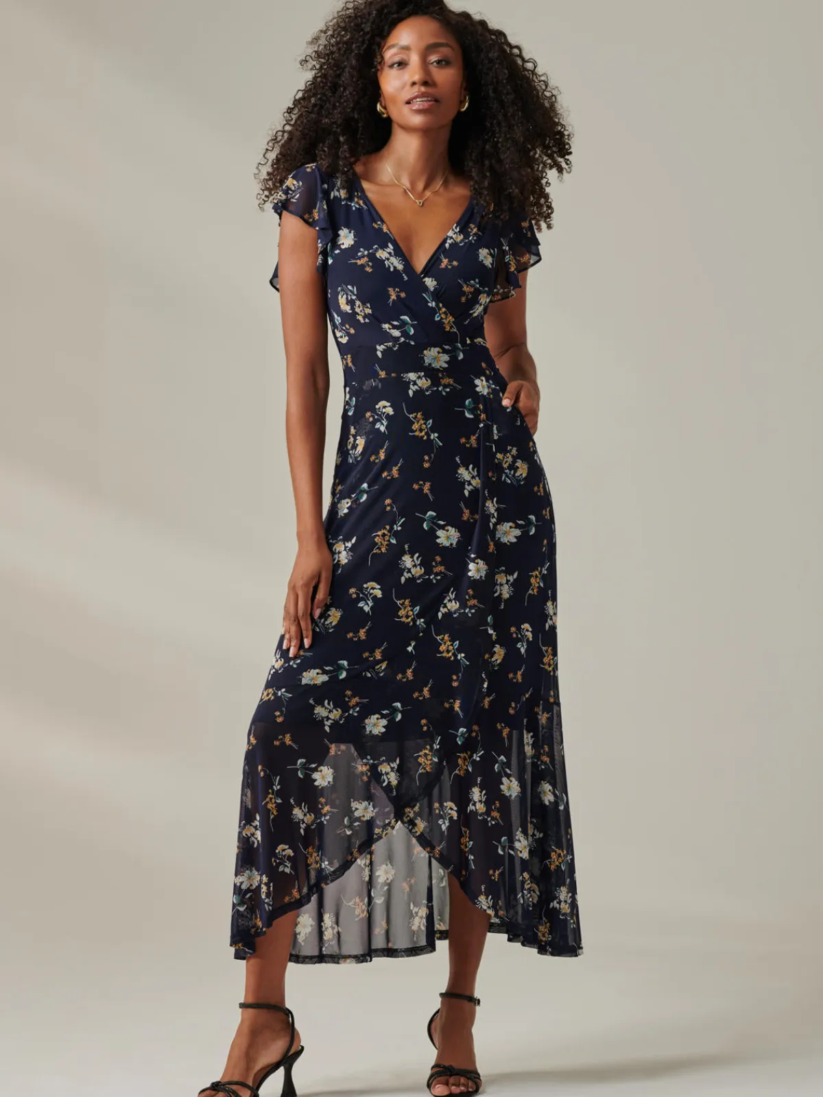 Jolie Moi Occasion Dresses|Wrap Dresses-Heleyna Ruffle Hem Mesh Maxi Dress, Navy Floral