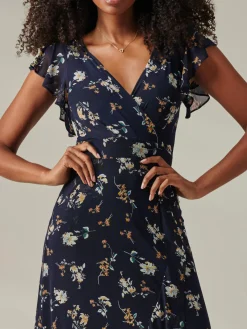 Jolie Moi Occasion Dresses|Wrap Dresses-Heleyna Ruffle Hem Mesh Maxi Dress, Navy Floral