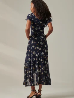 Jolie Moi Occasion Dresses|Wrap Dresses-Heleyna Ruffle Hem Mesh Maxi Dress, Navy Floral