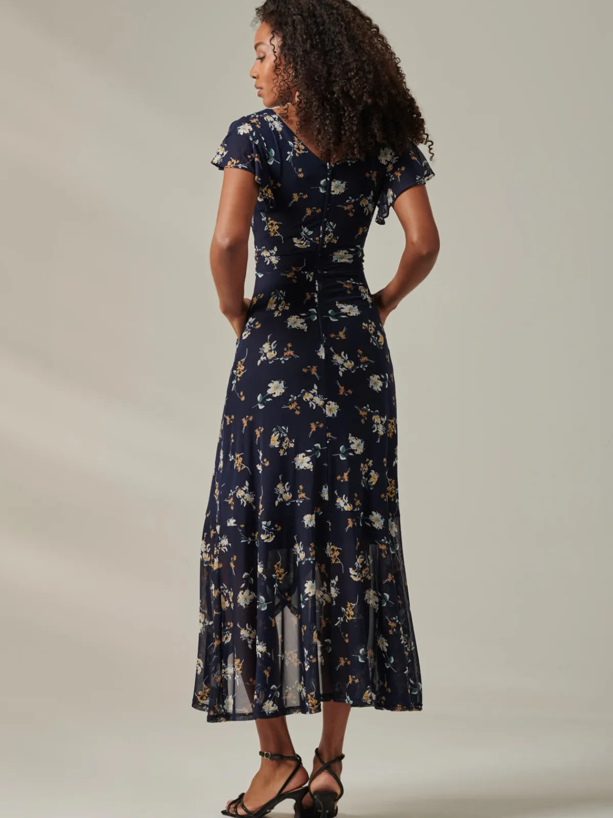 Jolie Moi Occasion Dresses|Wrap Dresses-Heleyna Ruffle Hem Mesh Maxi Dress, Navy Floral