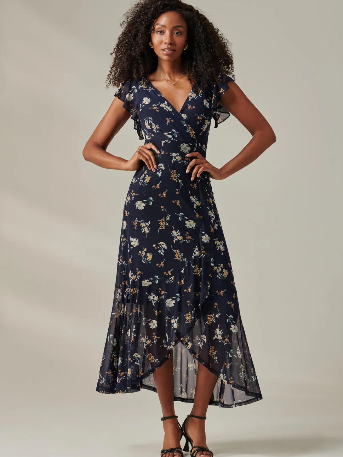 Jolie Moi Occasion Dresses|Wrap Dresses-Heleyna Ruffle Hem Mesh Maxi Dress, Navy Floral