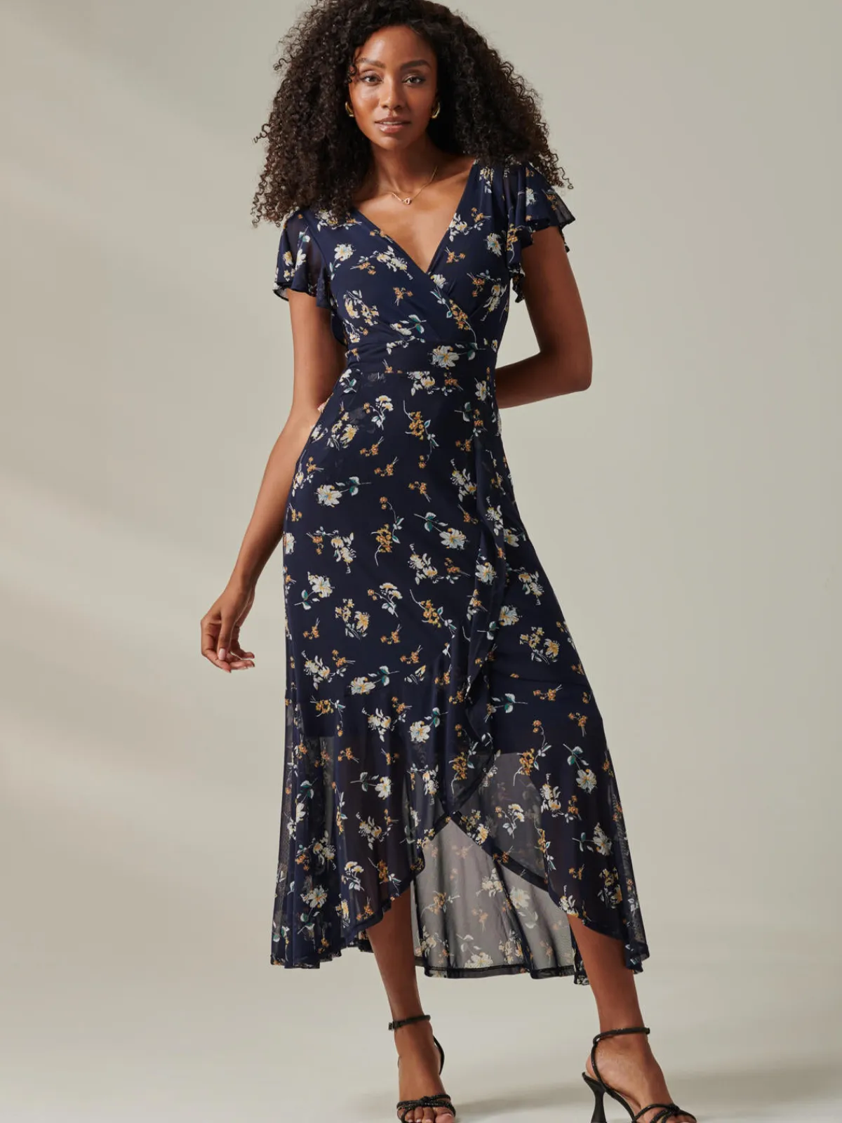 Jolie Moi Occasion Dresses|Wrap Dresses-Heleyna Ruffle Hem Mesh Maxi Dress, Navy Floral