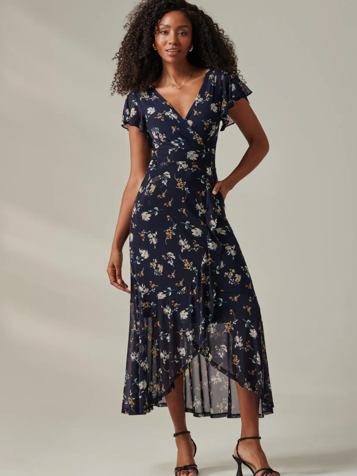 Jolie Moi Occasion Dresses|Wrap Dresses-Heleyna Ruffle Hem Mesh Maxi Dress, Navy Floral