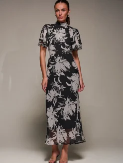 Jolie Moi Occasion Dresses|Party Dresses-High Neck Angel Sleeve Chiffon Maxi Dress, Black Abstract