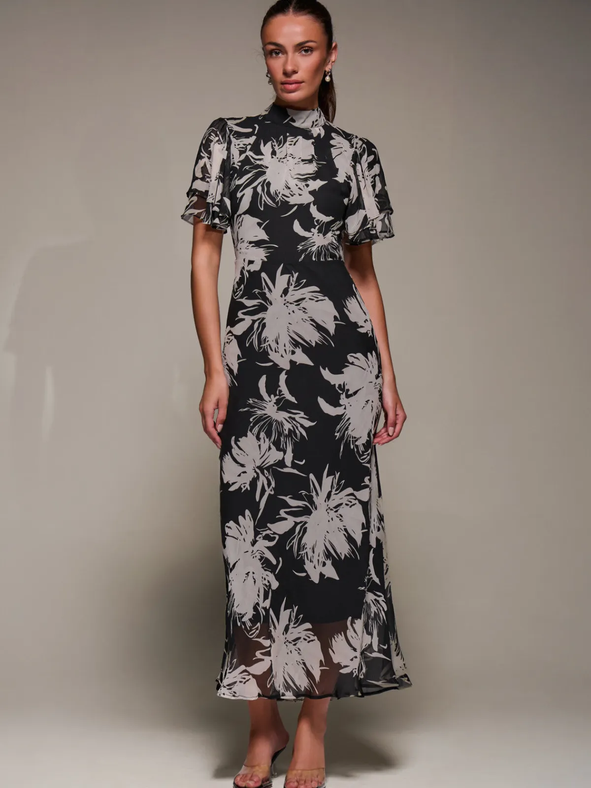 Jolie Moi Occasion Dresses|Party Dresses-High Neck Angel Sleeve Chiffon Maxi Dress, Black Abstract