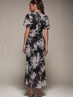 Jolie Moi Occasion Dresses|Party Dresses-High Neck Angel Sleeve Chiffon Maxi Dress, Black Abstract