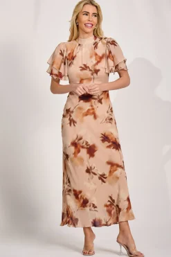 Jolie Moi Occasion Dresses|Floral Dresses-High Neck Angel Sleeve Chiffon Maxi Dress, Brown Floral