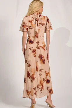 Jolie Moi Occasion Dresses|Floral Dresses-High Neck Angel Sleeve Chiffon Maxi Dress, Brown Floral