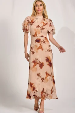 Jolie Moi Occasion Dresses|Floral Dresses-High Neck Angel Sleeve Chiffon Maxi Dress, Brown Floral