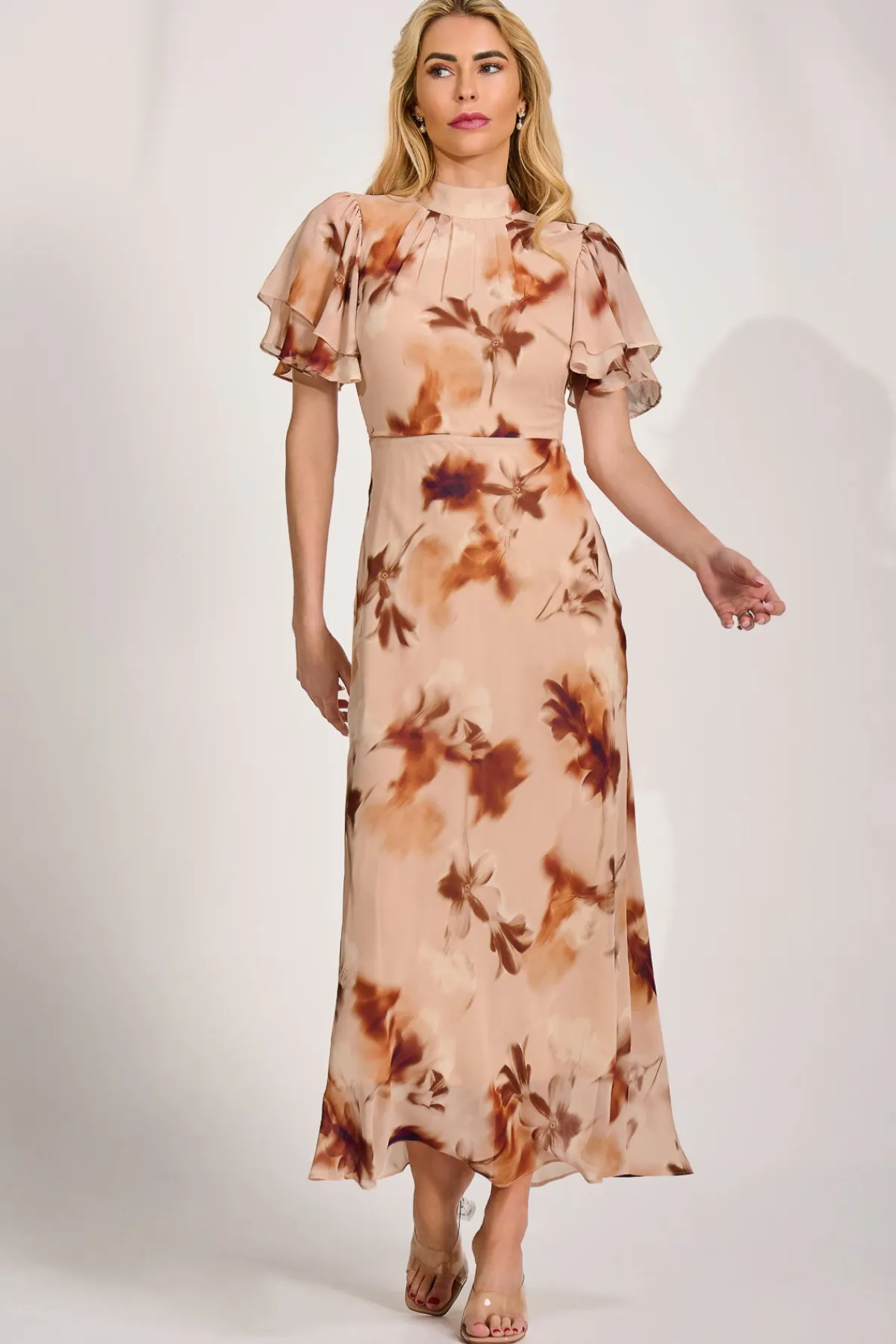 Jolie Moi Occasion Dresses|Floral Dresses-High Neck Angel Sleeve Chiffon Maxi Dress, Brown Floral